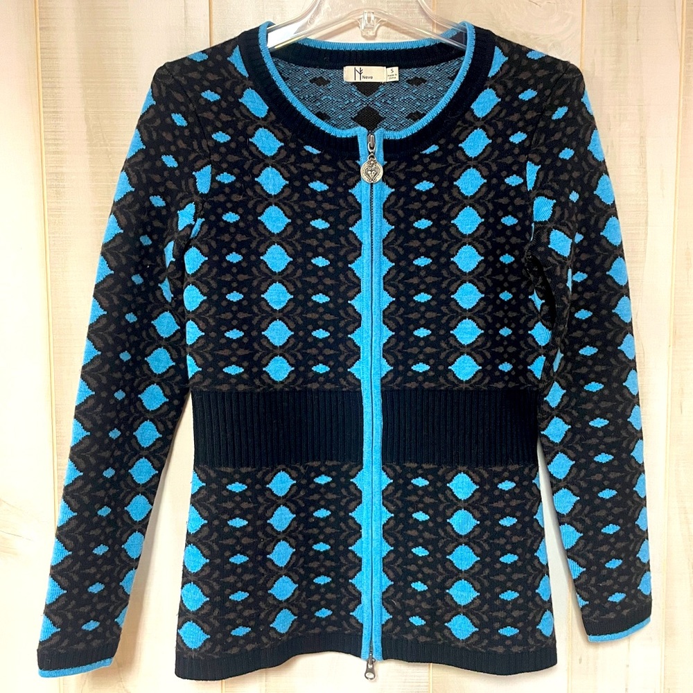 Neve Blue Brown Black Wool Full  Zip Sweater Sz S
